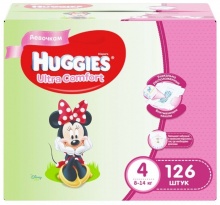 Подгузники Huggies Ultra Comfort 4 для девочек  ( 8 - 14 кг ) 126 шт