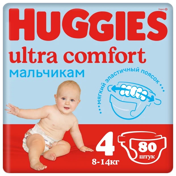 Huggies подгузники Ultra Comfort для мальчиков 4 (8-14 кг), 80 шт. ПОВРЕЖДЕНА УПАКОВКА